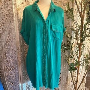 Umgee Teal Button-Down Shirt with Frayed Trim
